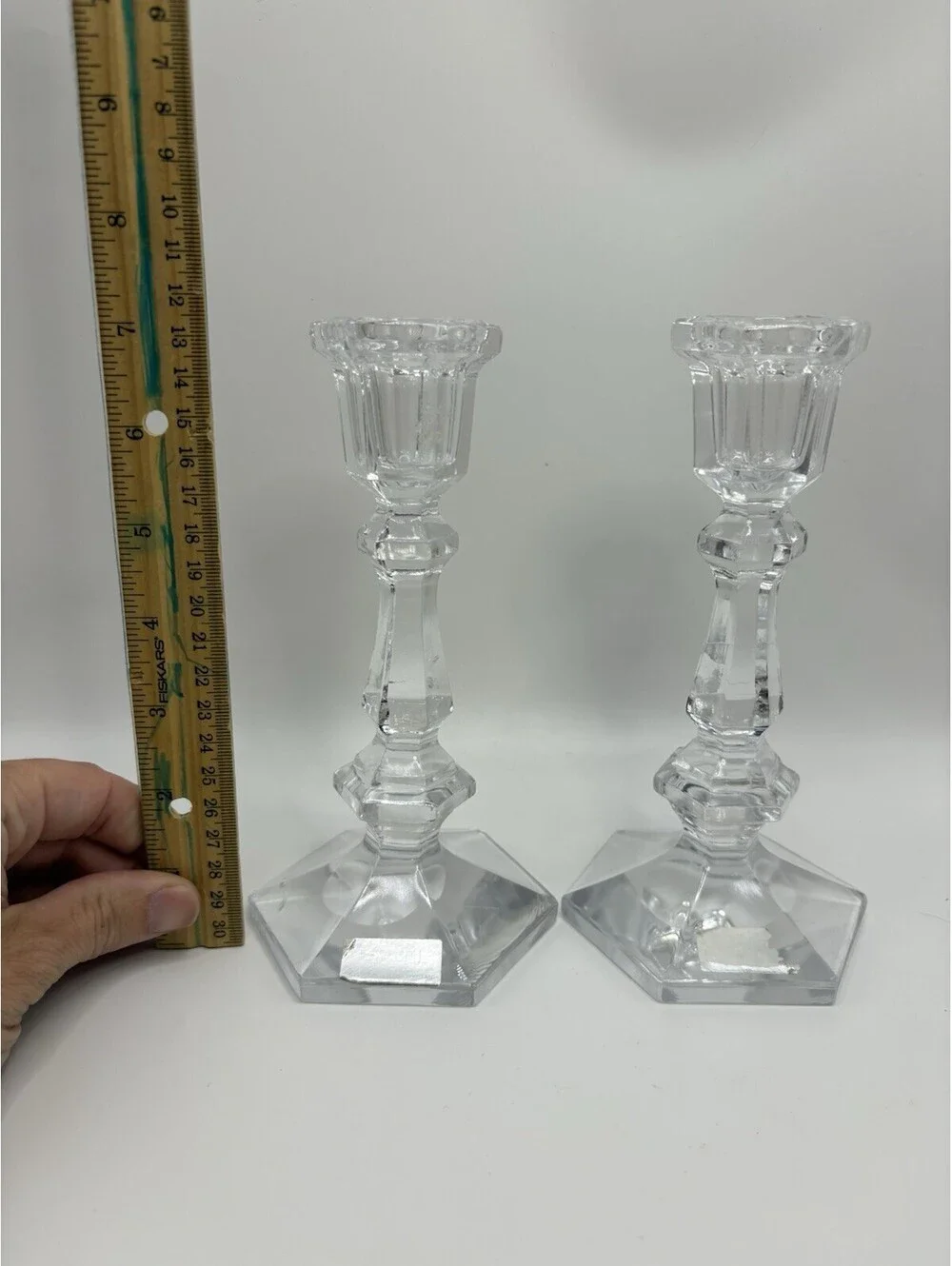 Vintage Mikasa Style 7 Inch Hexagonal Crystal Candle Holders Pair